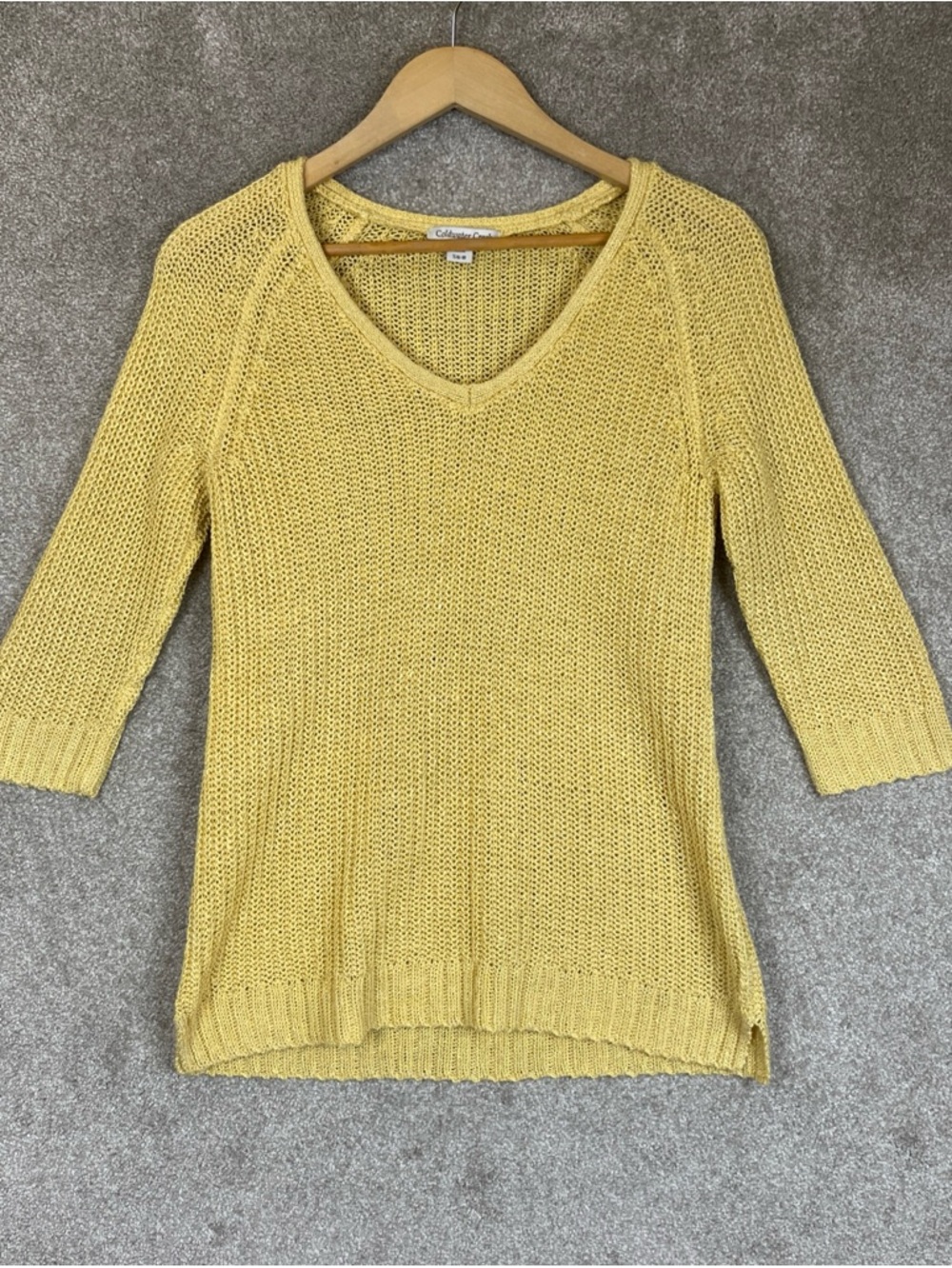 Coldwater Creek Sweater Womens Small Yellow Pullover 3/4 Sleeve Open Knit- 4584